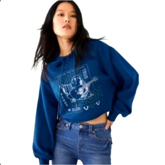 NWT True Religion Crystal Buddha Logo Cropped Hoodie XL - Picture 2 of 5